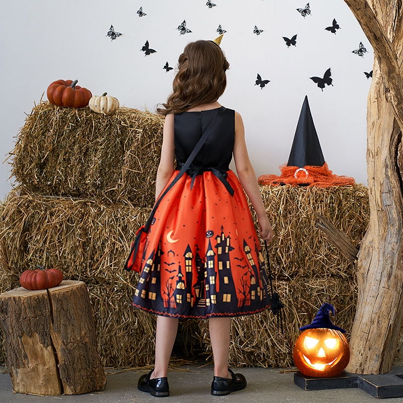 Mqatz Đầm Hóa Trang halloween Họa Tiết Bí Ngô Ma Cà Rồng Cho Bé Gái 2-10 Tuổi