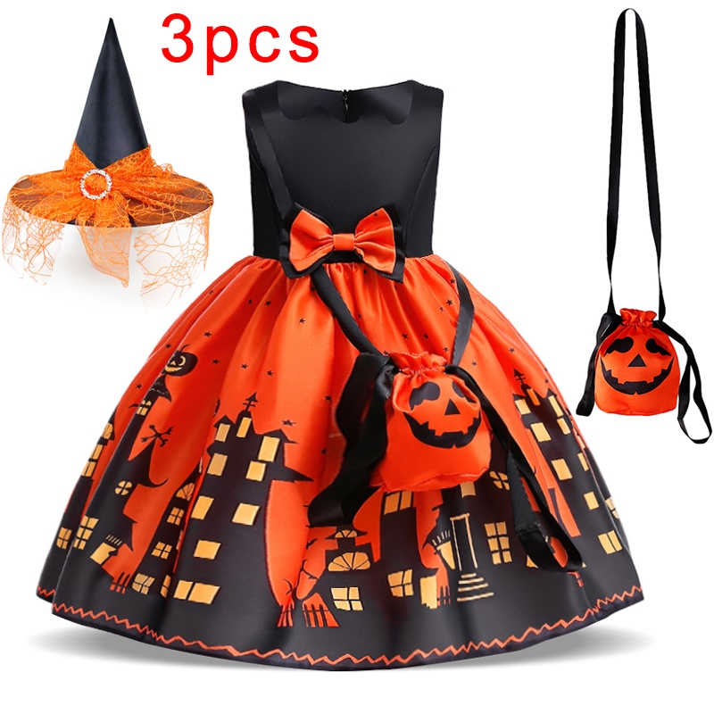 Mqatz Đầm Hóa Trang halloween Họa Tiết Bí Ngô Ma Cà Rồng Cho Bé Gái 2-10 Tuổi