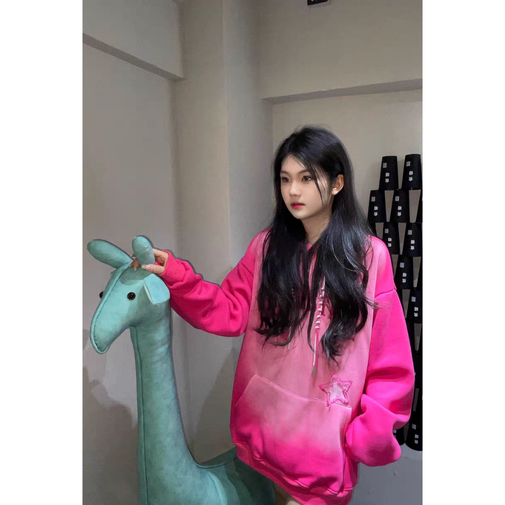 Áo Khoác Hoodie Vải Bông Dày Dặn Thêu Hình Ngôi Sao Màu Hồng gradient Phong Cách vintage Đường Phố Mỹ