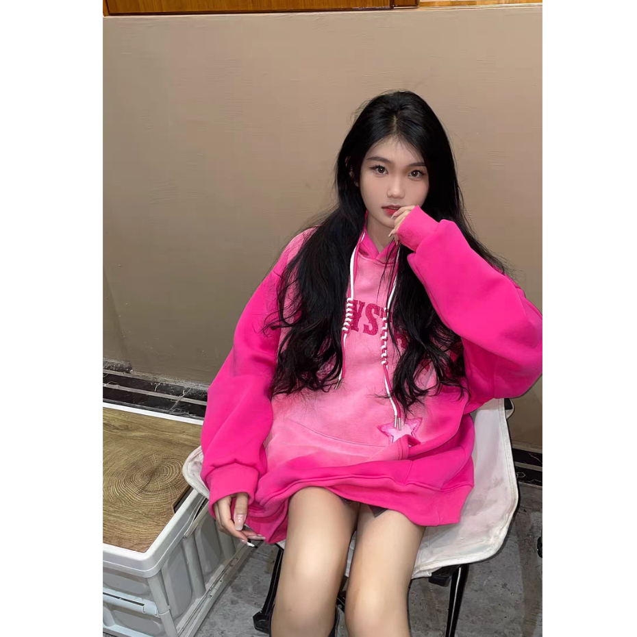 Áo Khoác Hoodie Vải Bông Dày Dặn Thêu Hình Ngôi Sao Màu Hồng gradient Phong Cách vintage Đường Phố Mỹ