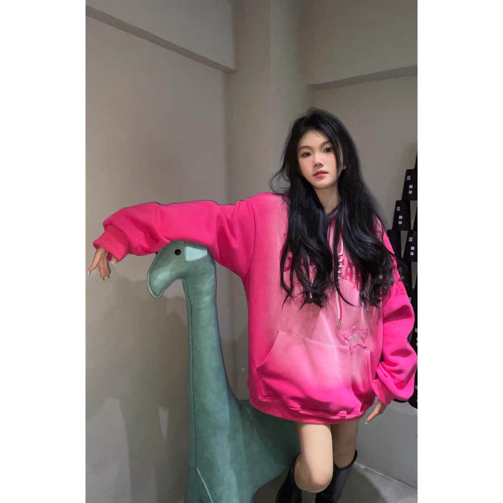 Áo Khoác Hoodie Vải Bông Dày Dặn Thêu Hình Ngôi Sao Màu Hồng gradient Phong Cách vintage Đường Phố Mỹ