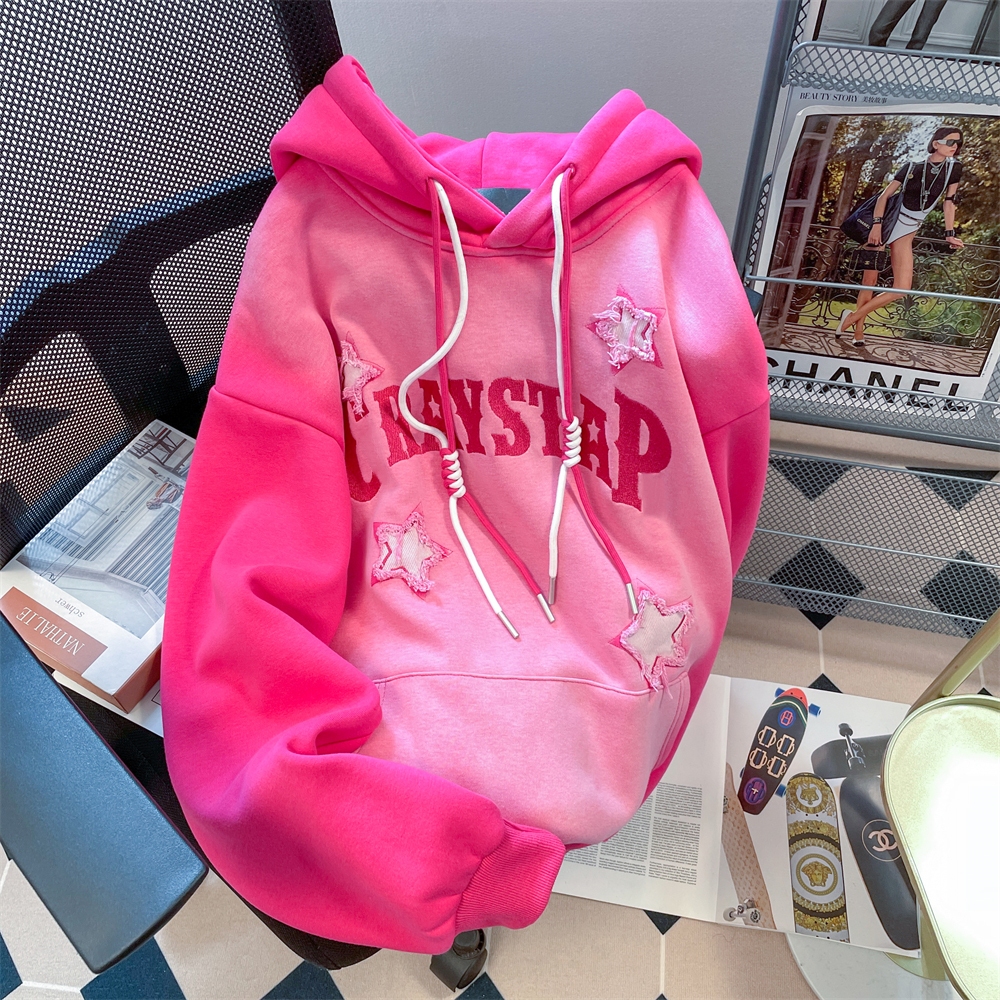 Áo Khoác Hoodie Vải Bông Dày Dặn Thêu Hình Ngôi Sao Màu Hồng gradient Phong Cách vintage Đường Phố Mỹ