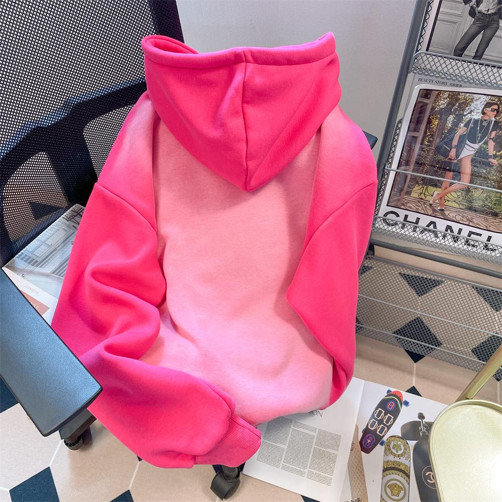 Áo Khoác Hoodie Vải Bông Dày Dặn Thêu Hình Ngôi Sao Màu Hồng gradient Phong Cách vintage Đường Phố Mỹ
