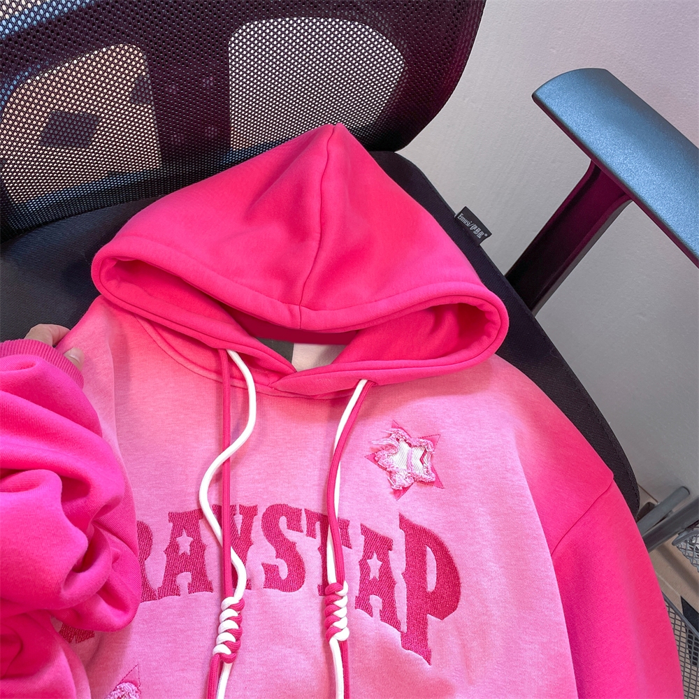 Áo Khoác Hoodie Vải Bông Dày Dặn Thêu Hình Ngôi Sao Màu Hồng gradient Phong Cách vintage Đường Phố Mỹ