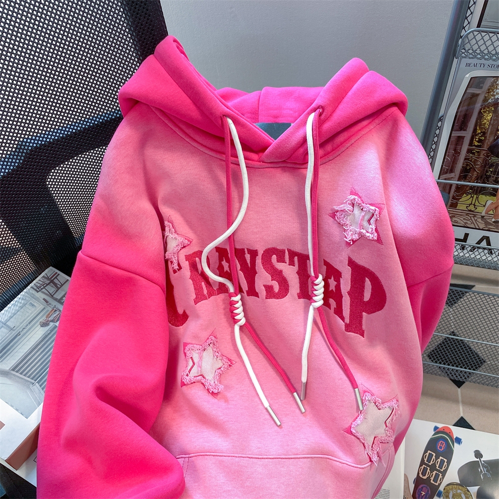 Áo Khoác Hoodie Vải Bông Dày Dặn Thêu Hình Ngôi Sao Màu Hồng gradient Phong Cách vintage Đường Phố Mỹ