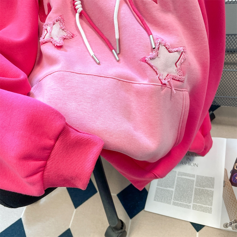 Áo Khoác Hoodie Vải Bông Dày Dặn Thêu Hình Ngôi Sao Màu Hồng gradient Phong Cách vintage Đường Phố Mỹ