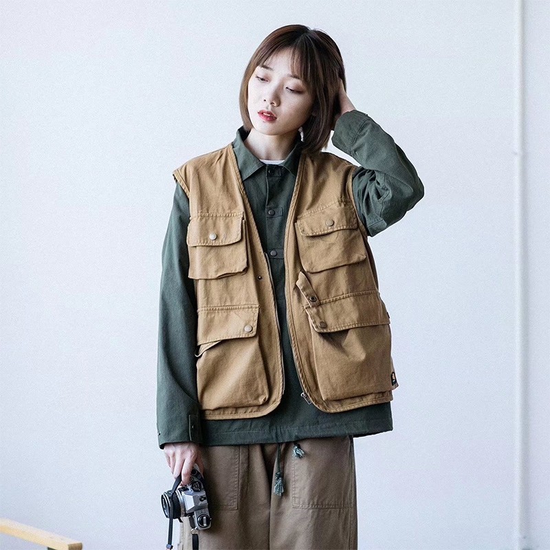 ♞Aff LIGA♞ Áo Nhật Bản vest Chiến Thuật Dáng Rộng Màu Trơn Nhiều Túi Mẫu Mới 2023 Phong Cách retro Mùa Thu Cho Nam