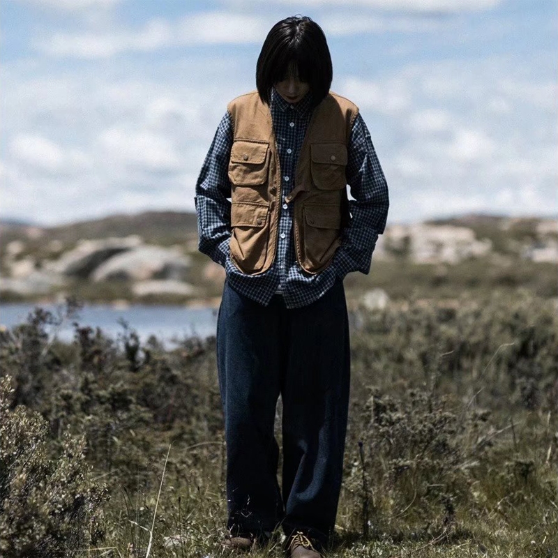 ♞Aff LIGA♞ Áo Nhật Bản vest Chiến Thuật Dáng Rộng Màu Trơn Nhiều Túi Mẫu Mới 2023 Phong Cách retro Mùa Thu Cho Nam