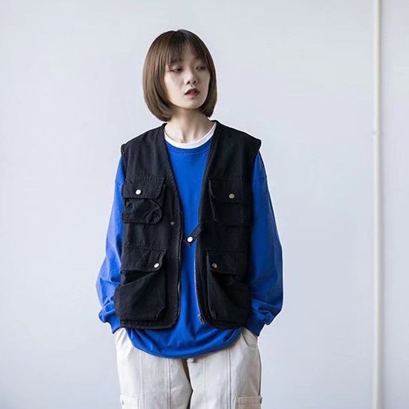 ♞Aff LIGA♞ Áo Nhật Bản vest Chiến Thuật Dáng Rộng Màu Trơn Nhiều Túi Mẫu Mới 2023 Phong Cách retro Mùa Thu Cho Nam