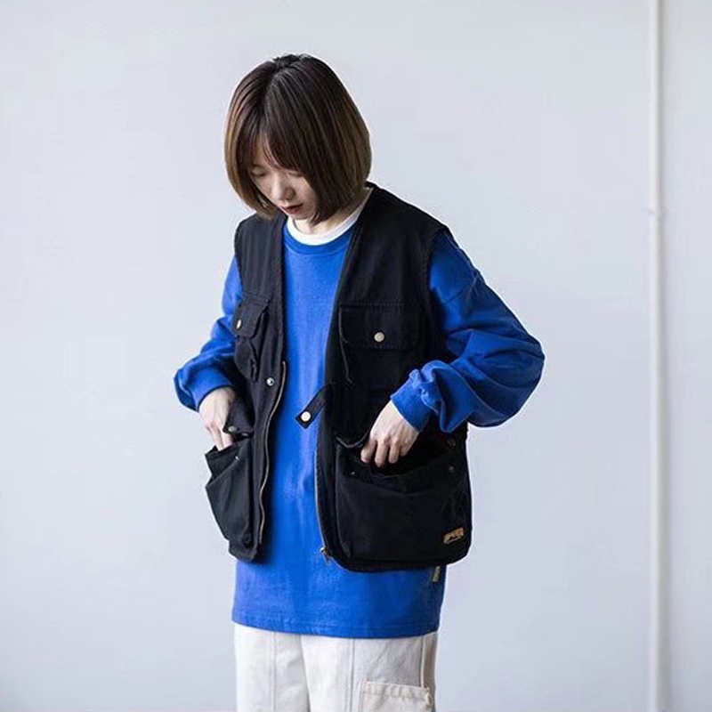 ♞Aff LIGA♞ Áo Nhật Bản vest Chiến Thuật Dáng Rộng Màu Trơn Nhiều Túi Mẫu Mới 2023 Phong Cách retro Mùa Thu Cho Nam