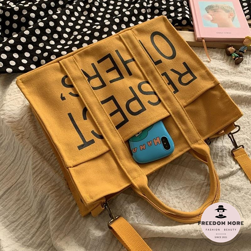 Cặp đeo chéo sinh viên nam/nữ,đựng vở 14 inch,sách giấy A4,laptop,RESPECT OTHER in thư thiết kế