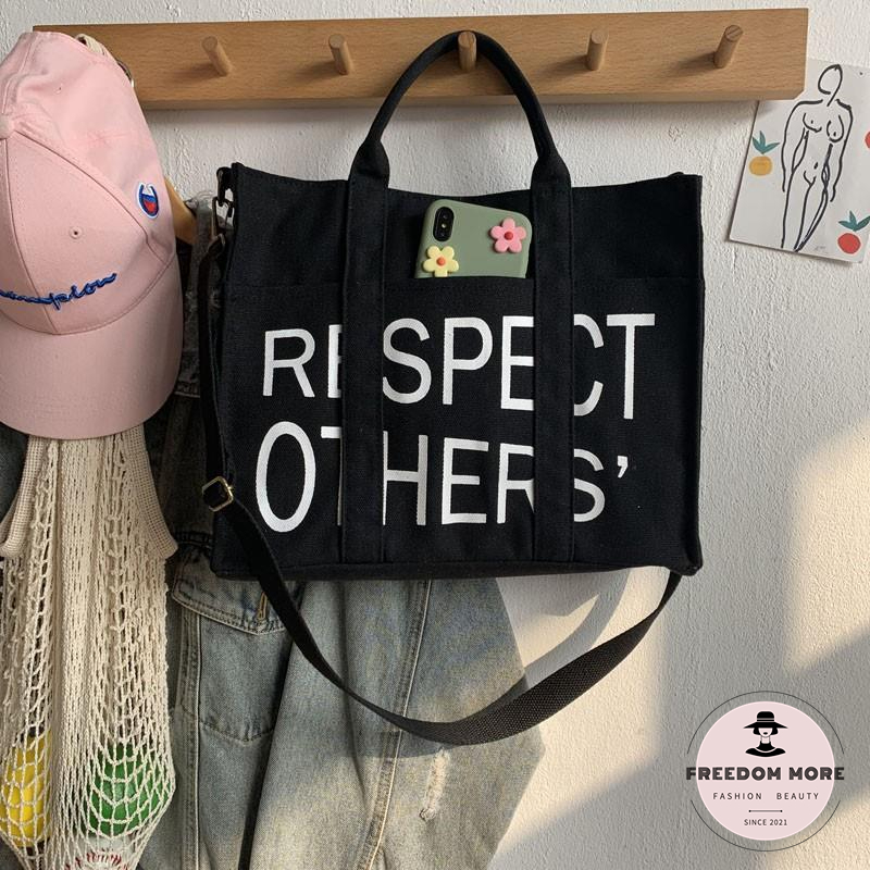 Cặp đeo chéo sinh viên nam/nữ,đựng vở 14 inch,sách giấy A4,laptop,RESPECT OTHER in thư thiết kế