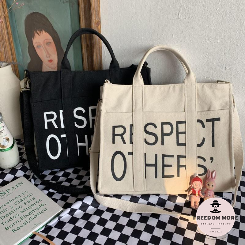 Cặp đeo chéo sinh viên nam/nữ,đựng vở 14 inch,sách giấy A4,laptop,RESPECT OTHER in thư thiết kế