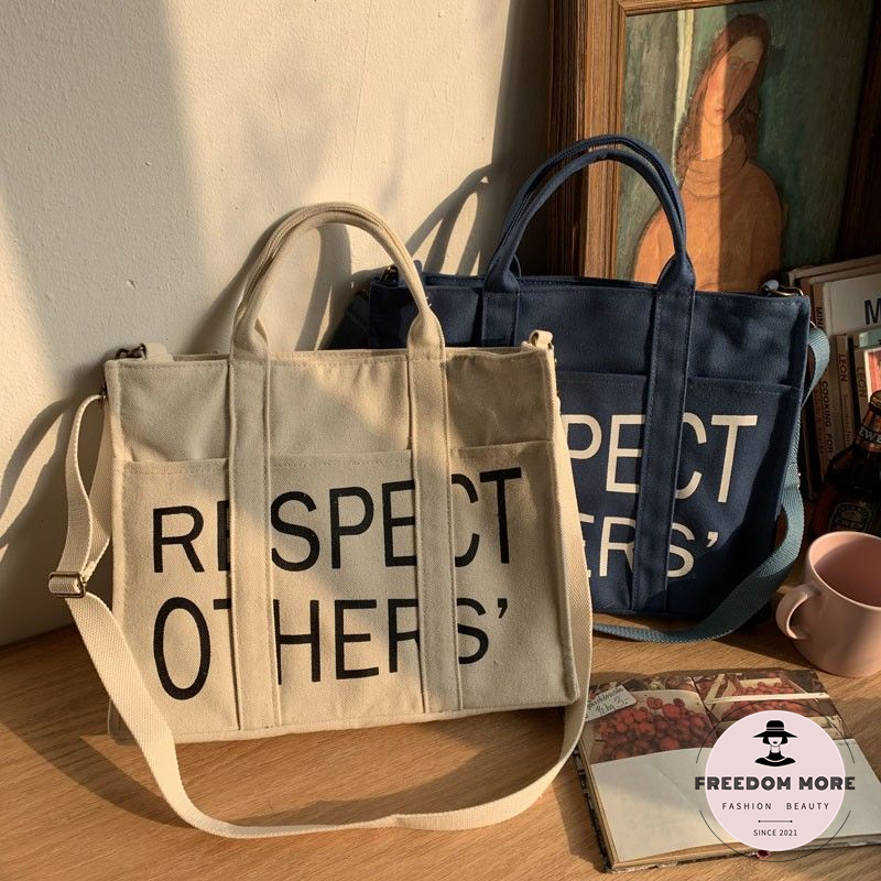 Cặp đeo chéo sinh viên nam/nữ,đựng vở 14 inch,sách giấy A4,laptop,RESPECT OTHER in thư thiết kế