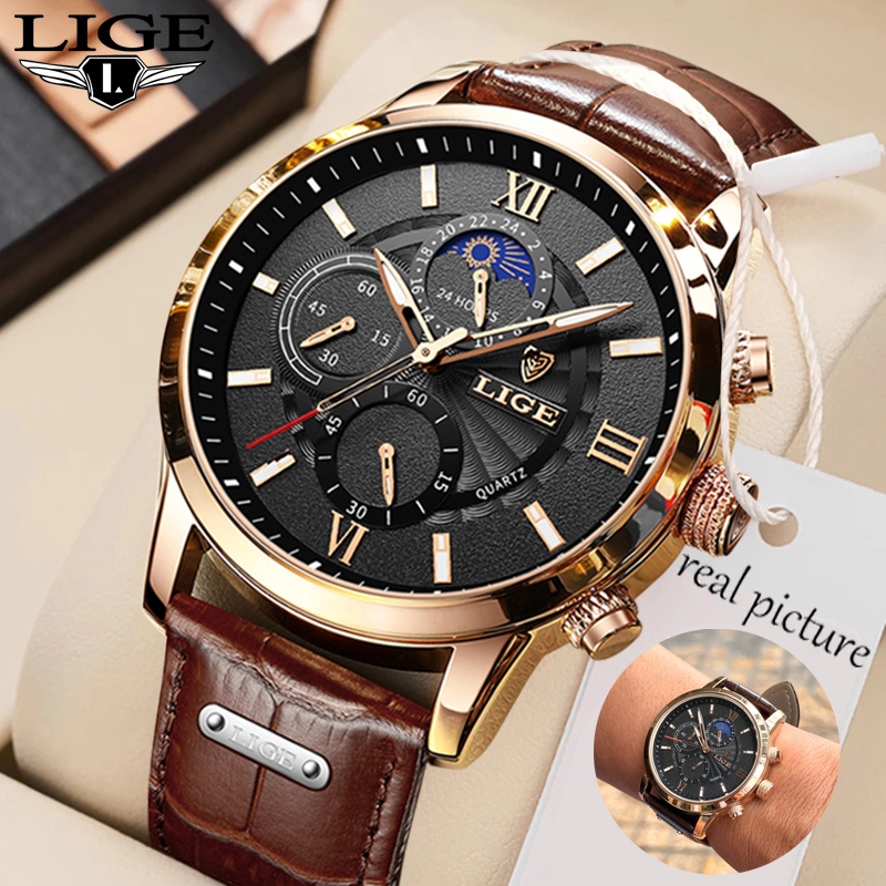 LIGE Đồng hồ nam thời trang thể thao không thấm nước Watch Analog Glowing Quartz Chronograph Watch với hộp đồng hồ