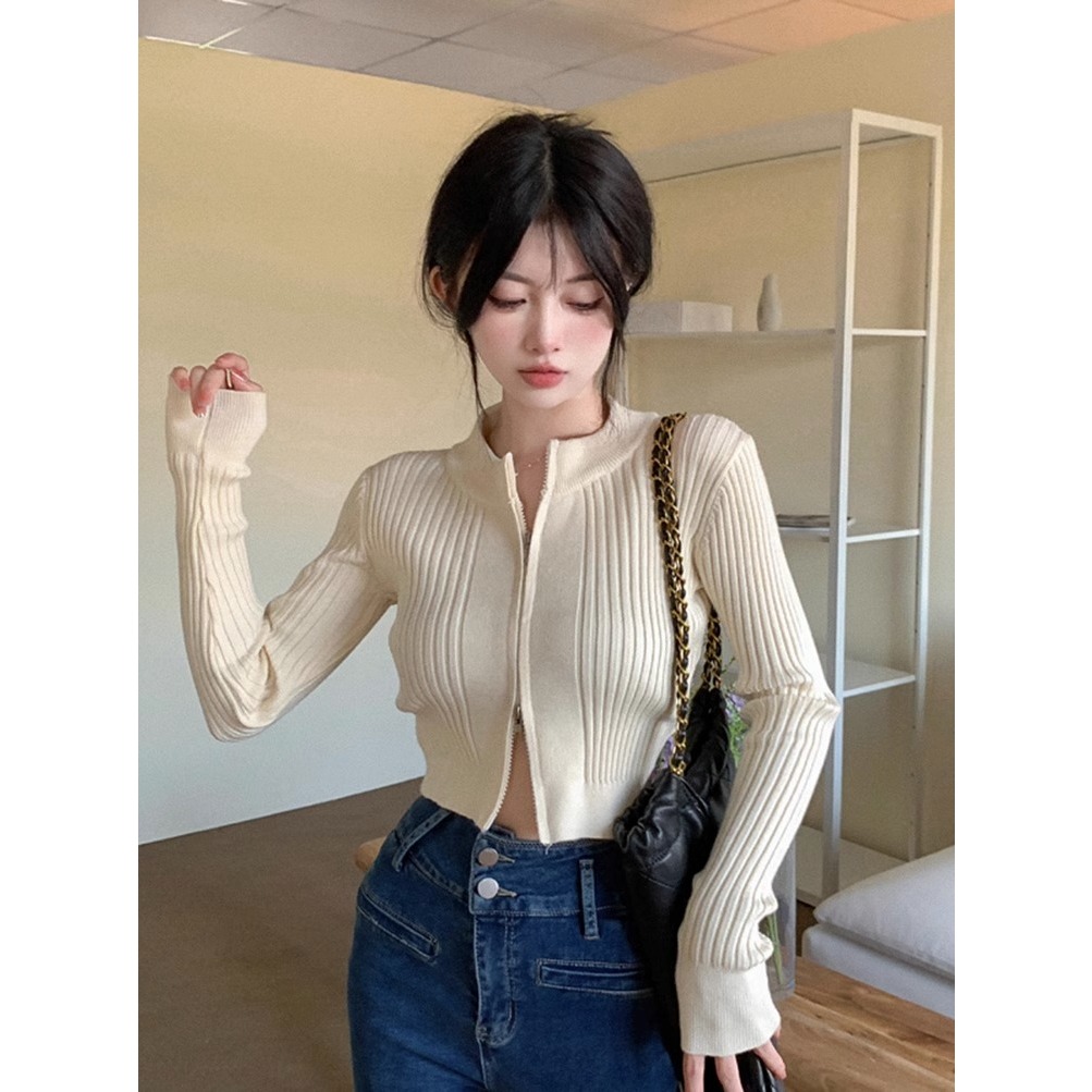 Thời Trang Áo Khoác cardigan Tay Dài Dáng Ôm Có Khóa Kéo Phong Cách Mùa Thu 2023 Cho Nữ