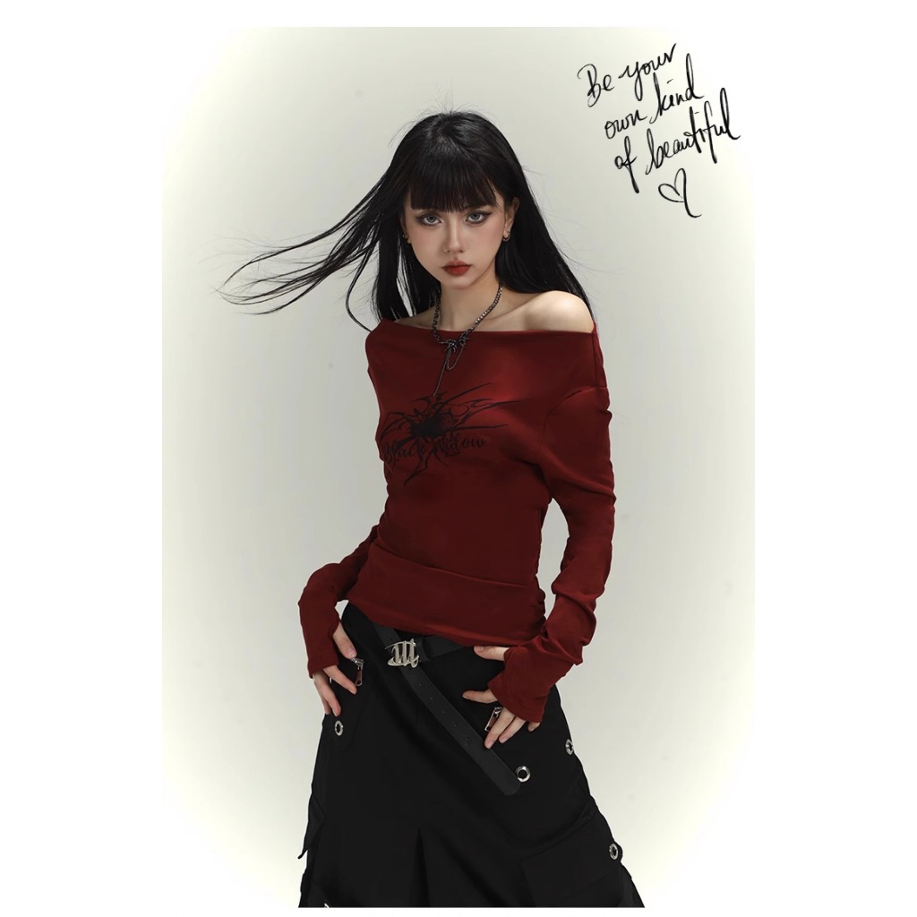 Áo Thun Nữ Tay Dài Lệch Vai Phong Cách retro Thời Trang Quyến Rũ