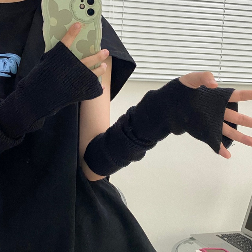 Găng Tay Len Dài Hở Ngón Giữ Ấm Màu Trơn Thời Trang Cho Nữ
