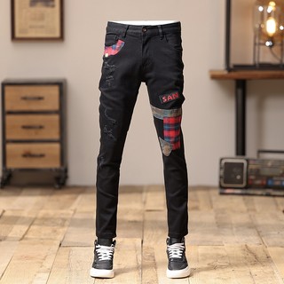 High quality new vintage men jeans with black slim fitting stitching technology design trend men jeans