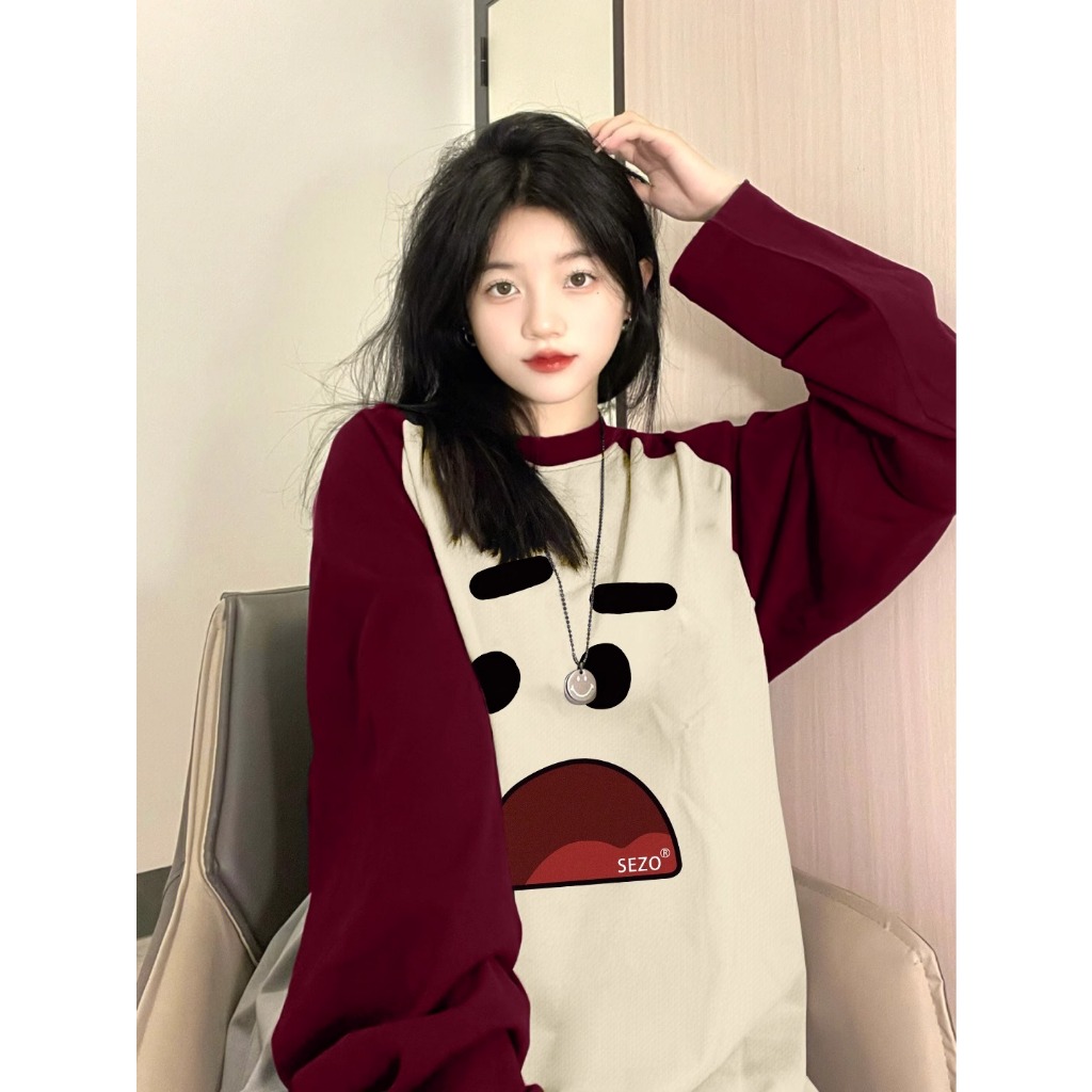 Áo Thun cotton Tay Dài In Họa Tiết Hoạt Hình Phong Cách Mỹ Cổ Điển Thời Trang Xuân Thu Cho Nữ