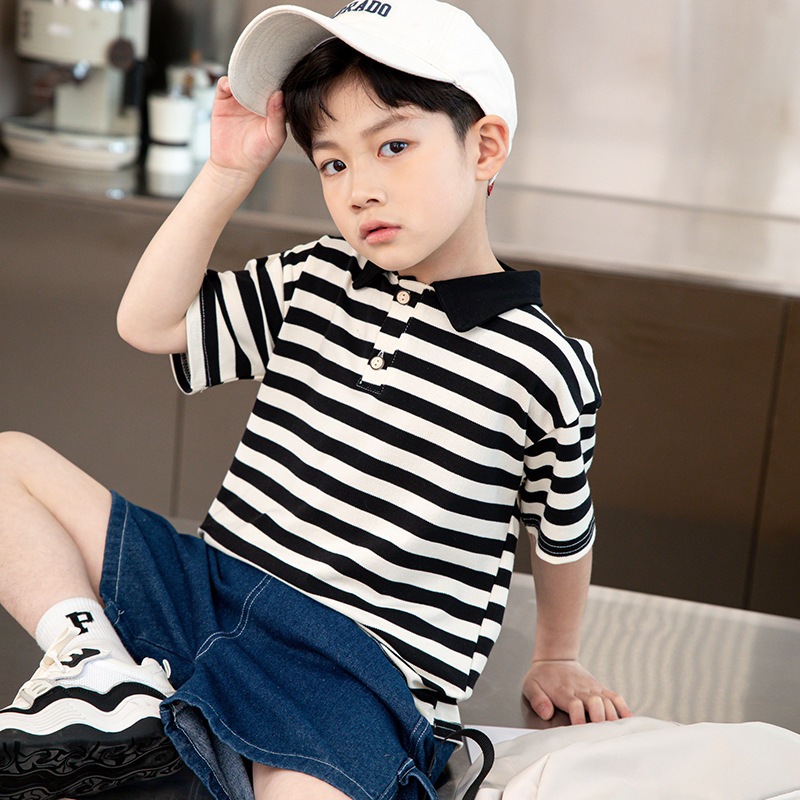 Áo Thun polo Tay Dài Cổ Đứng Họa Tiết Kẻ Sọc Đơn Giản Thời Trang Thu Đông Dành Cho Bé 65-145cm