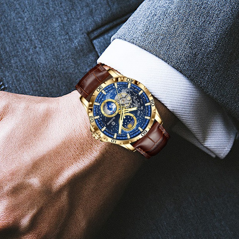 Glenaw Đồng Hồ Cơ tourbillon Mặt Trời / Mặt Trăng / Ngôi Sao Thiết Kế Xoay Tròn Cho Nam