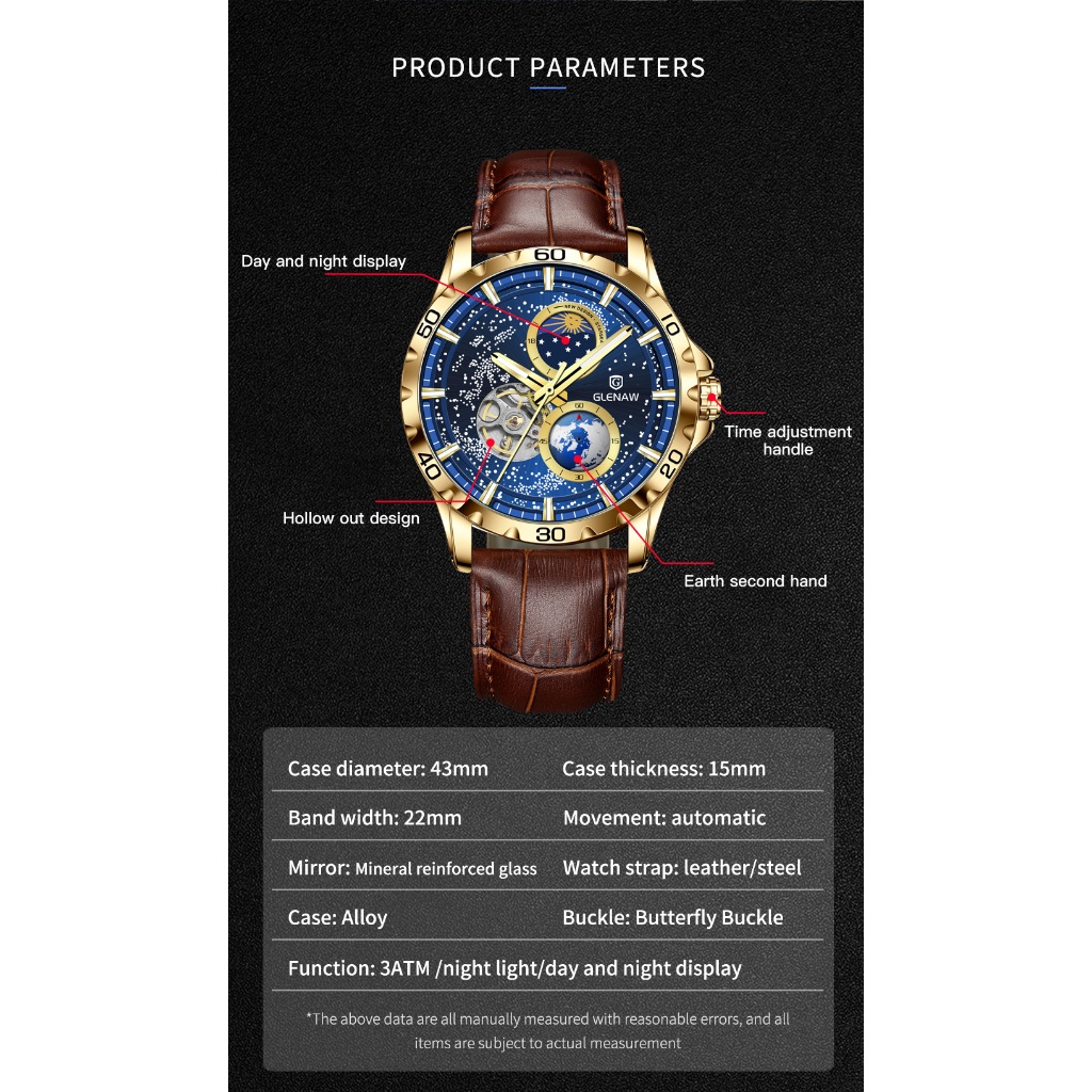 Glenaw Đồng Hồ Cơ tourbillon Mặt Trời / Mặt Trăng / Ngôi Sao Thiết Kế Xoay Tròn Cho Nam