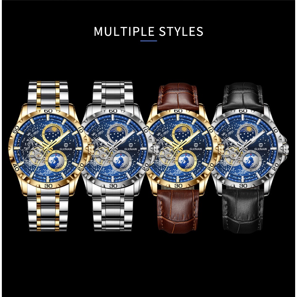 Glenaw Đồng Hồ Cơ tourbillon Mặt Trời / Mặt Trăng / Ngôi Sao Thiết Kế Xoay Tròn Cho Nam