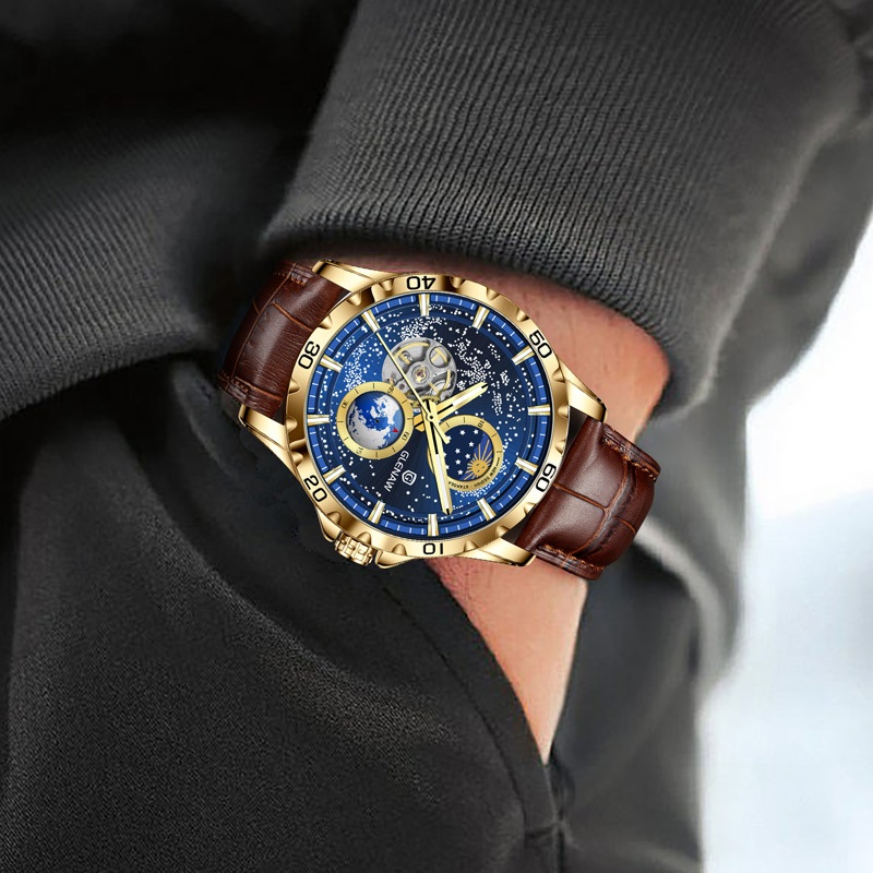 Glenaw Đồng Hồ Cơ tourbillon Mặt Trời / Mặt Trăng / Ngôi Sao Thiết Kế Xoay Tròn Cho Nam