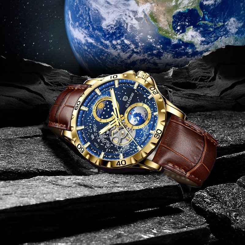 Glenaw Đồng Hồ Cơ tourbillon Mặt Trời / Mặt Trăng / Ngôi Sao Thiết Kế Xoay Tròn Cho Nam