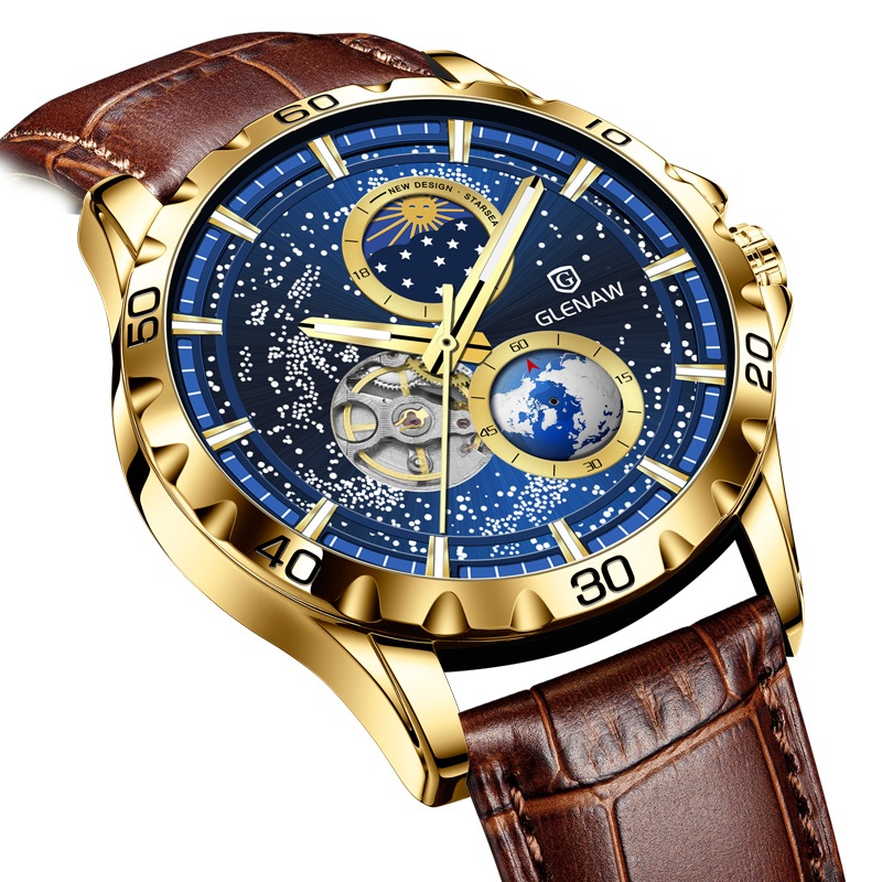 Glenaw Đồng Hồ Cơ tourbillon Mặt Trời / Mặt Trăng / Ngôi Sao Thiết Kế Xoay Tròn Cho Nam