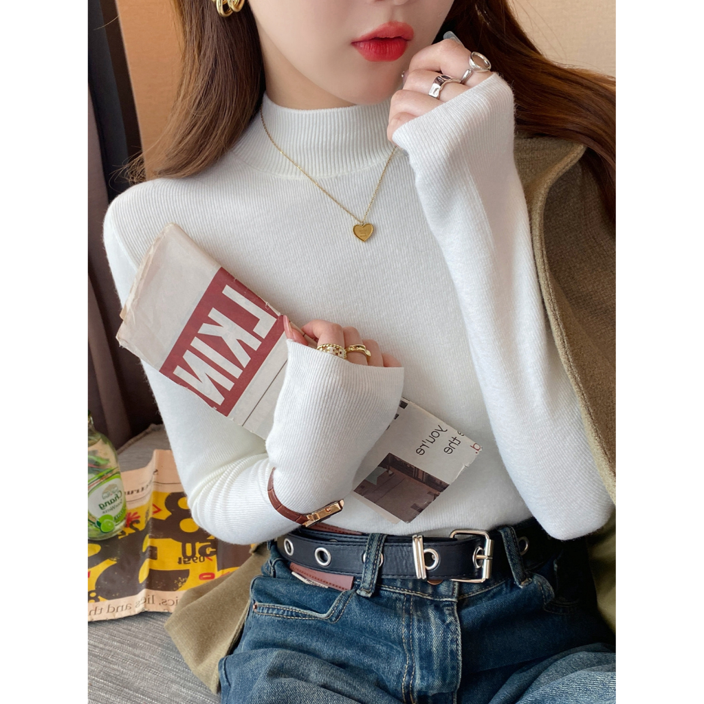 YAYUAN Áo len dài tay nữ Slim Top màu trắng