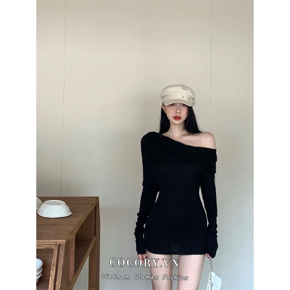 Cocory vn Đầm ôm Dài Tay Trễ Vai Thời Trang Hàn Quốc