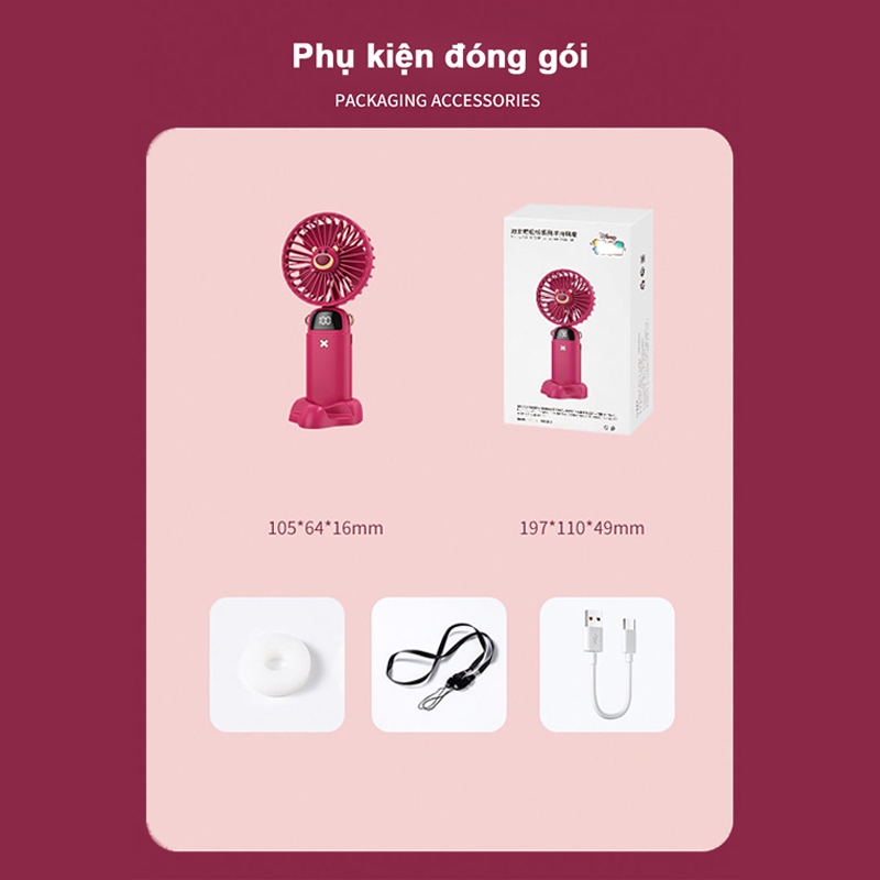 Quạt Cầm Tay Mini  USB Sạc Có Đế Để Bàn Gấu Dâu Tây Disney Đáng Yêu