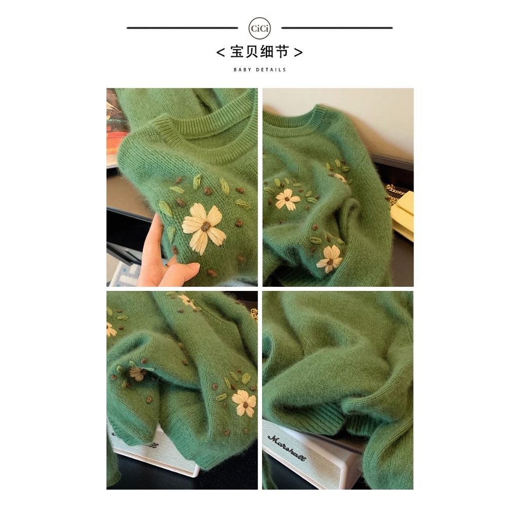 Áo sweater Dệt Kim Mềm Dáng Rộng Cổ Tròn Thêu Hoa Màu Xanh Lá Kiểu vintage Thời Trang Mùa Thu Cho Bạn Gái