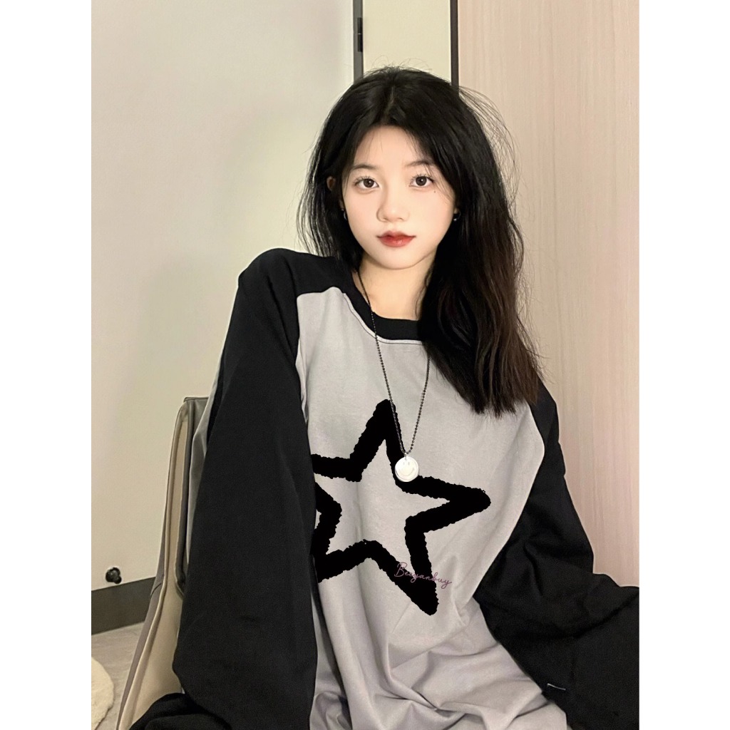 Áo Thun raglan Tay Dài Dáng Rộng Chất Liệu cotton In Họa Tiết Ngôi Sao Thời Trang Xuân Thu Cho Nữ