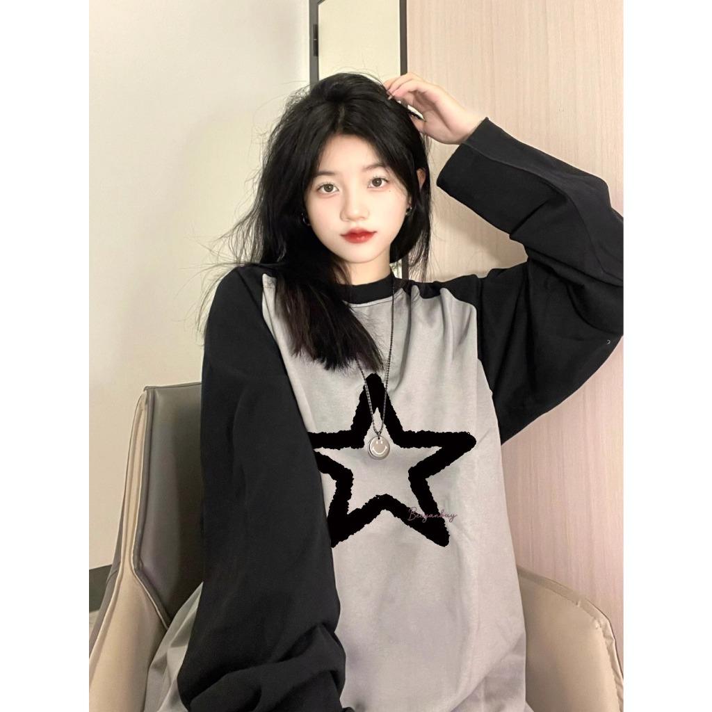 Áo Thun raglan Tay Dài Dáng Rộng Chất Liệu cotton In Họa Tiết Ngôi Sao Thời Trang Xuân Thu Cho Nữ