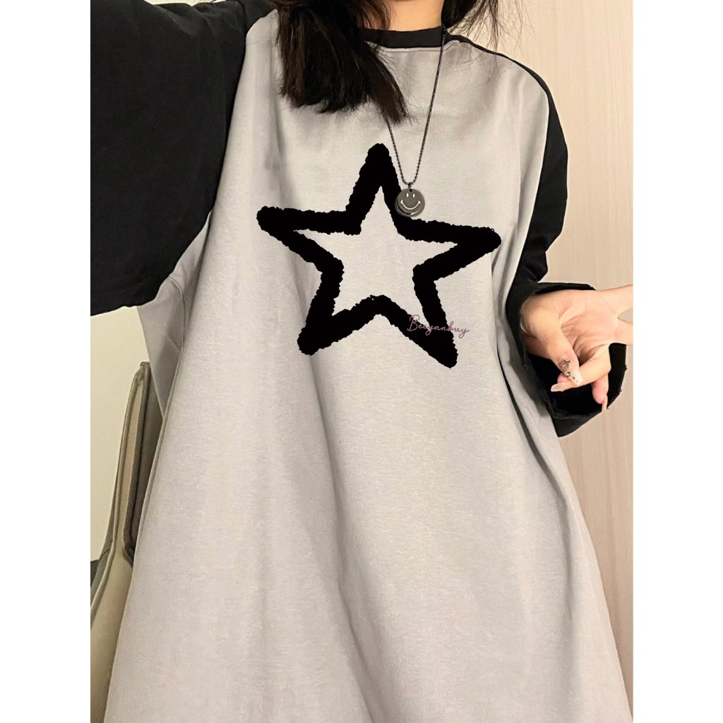 Áo Thun raglan Tay Dài Dáng Rộng Chất Liệu cotton In Họa Tiết Ngôi Sao Thời Trang Xuân Thu Cho Nữ