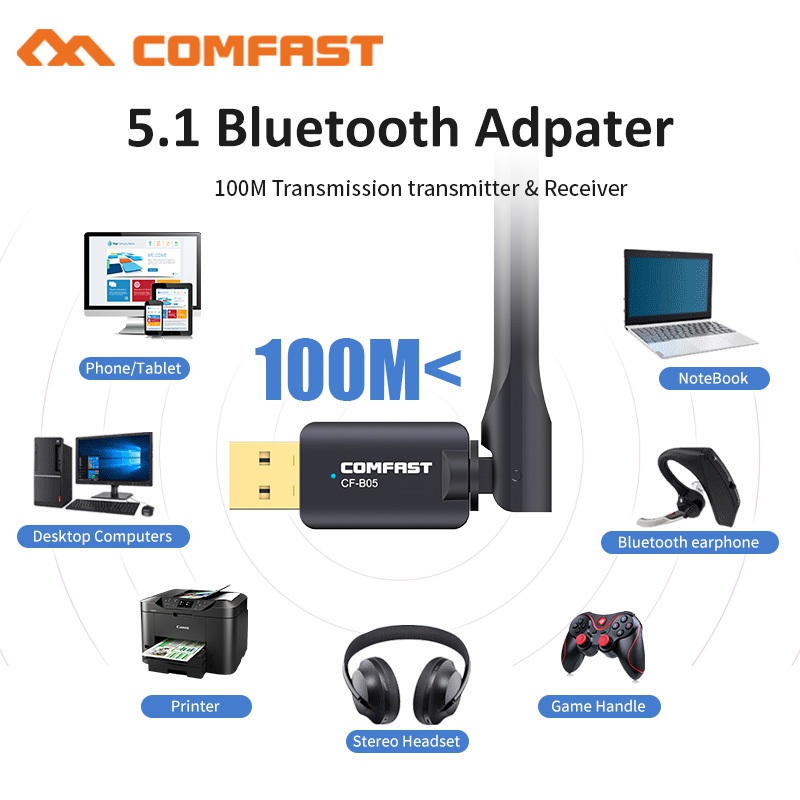 Comfast 100M Long Range USB Bluetooth 5.1 Adapter High Gain for PC&Desktop Laptop Bluetooth Dongle Wireless Receiver Transfer