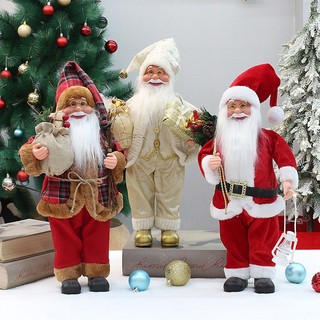 30cm Santa Claus Figurines with Lighting Walking Stick，Christmas Standing Santa Figure Decorations Gift for Xmas Outdoor Indoor Home Office Ornaments