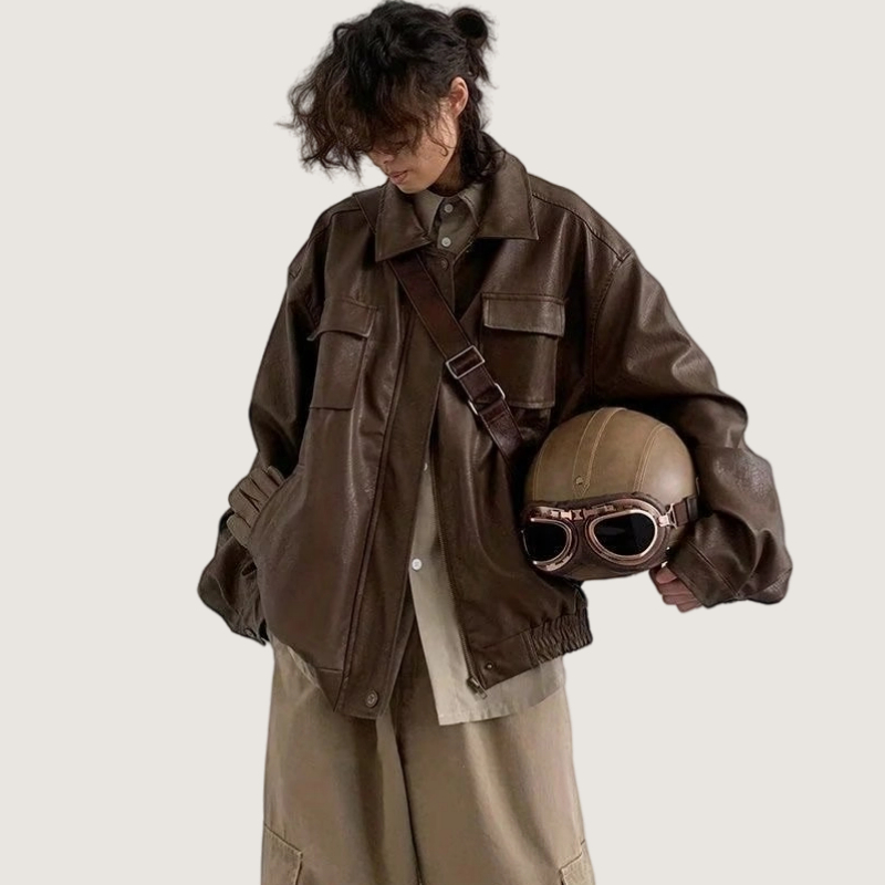 Áo Khoác Da pu Dáng Rộng Màu Nâu Phong Cách retro Nhật Bản Thời Trang Thu Đông Dành Cho Nam Nữ