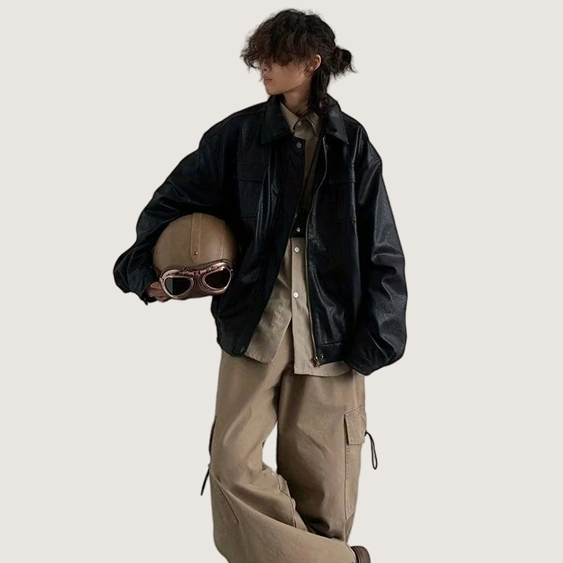Áo Khoác Da pu Dáng Rộng Màu Nâu Phong Cách retro Nhật Bản Thời Trang Thu Đông Dành Cho Nam Nữ