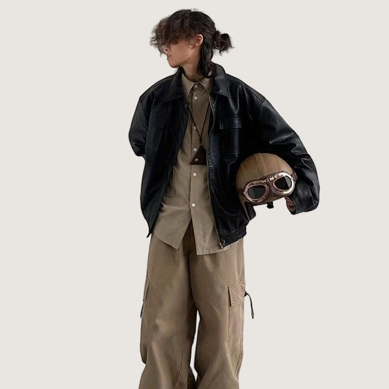 Áo Khoác Da pu Dáng Rộng Màu Nâu Phong Cách retro Nhật Bản Thời Trang Thu Đông Dành Cho Nam Nữ