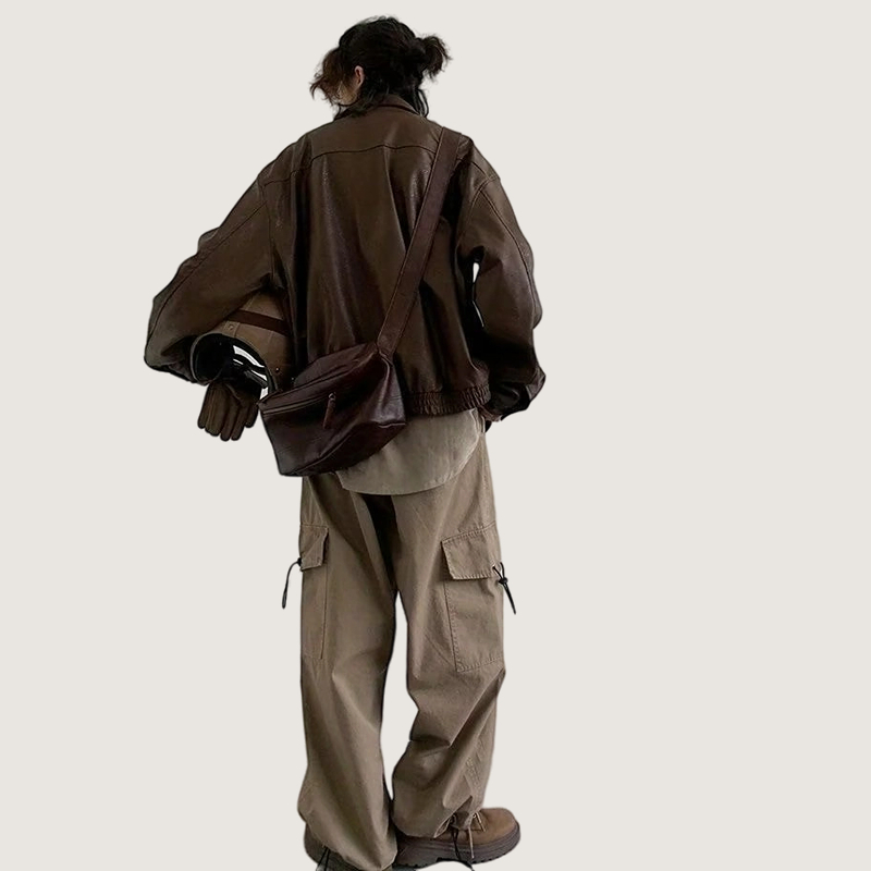 Áo Khoác Da pu Dáng Rộng Màu Nâu Phong Cách retro Nhật Bản Thời Trang Thu Đông Dành Cho Nam Nữ