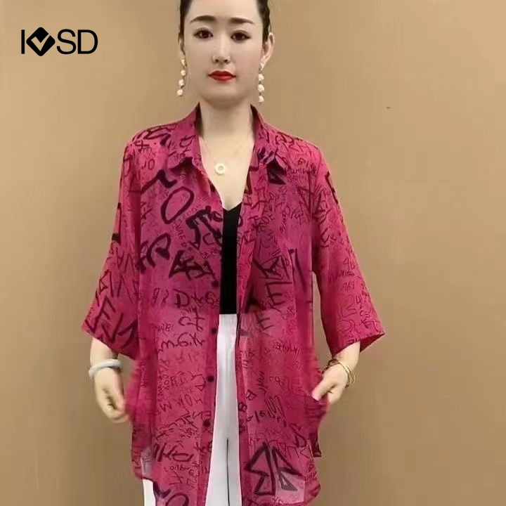 Áo Sơ Mi chiffon Tay Lỡ 3 / 4 Họa Tiết Kẻ Sọc Đính Nơ Trước plus size Cho Nữ