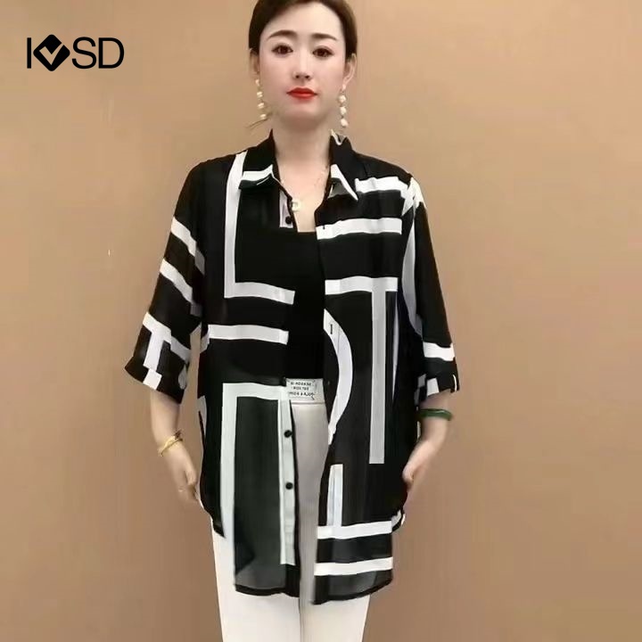 Áo Sơ Mi chiffon Tay Lỡ 3 / 4 Họa Tiết Kẻ Sọc Đính Nơ Trước plus size Cho Nữ