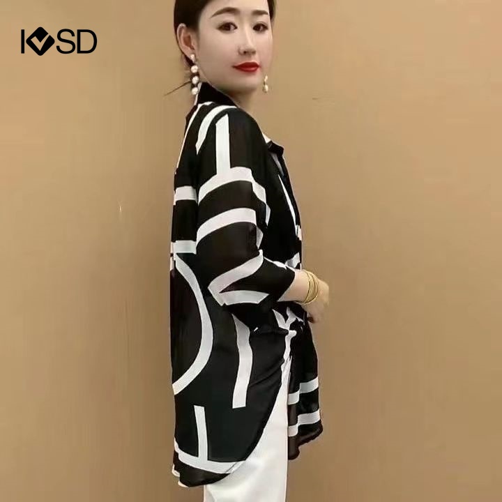 Áo Sơ Mi chiffon Tay Lỡ 3 / 4 Họa Tiết Kẻ Sọc Đính Nơ Trước plus size Cho Nữ