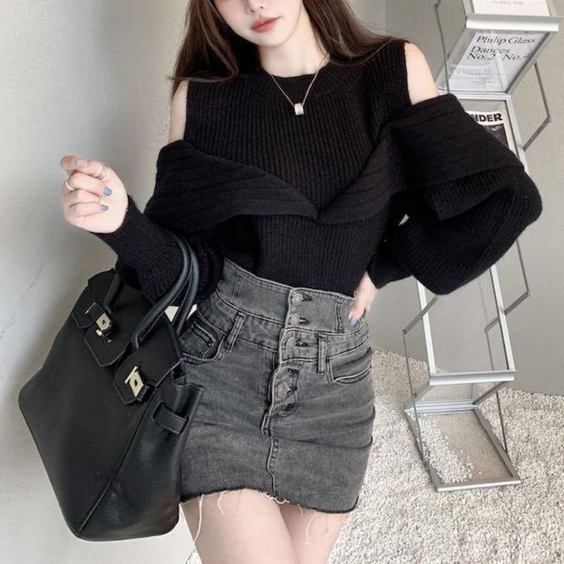 ZHELIHANGFEI Áo Kiểu Tay Dài Hở Vai Thời Trang Mùa Thu Hàn Quốc Mới