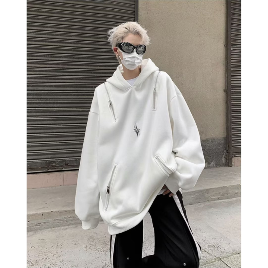 Mới Áo hoodie cotton Dáng Rộng Phối Khóa Kéo Phong Cách retro Mỹ Cho Nam Nữ