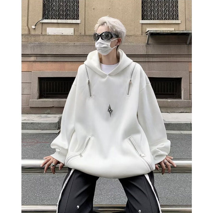 Mới Áo hoodie cotton Dáng Rộng Phối Khóa Kéo Phong Cách retro Mỹ Cho Nam Nữ
